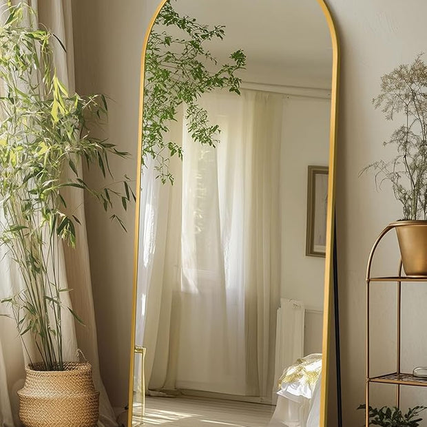 Full Length Mirror with Stand, 58"x18" Arched Full Body Mirror, Large Stand Up Aluminum Frame Floor Freestanding Hanging Leaning Mounted for Bedroom Living Room Entryway Gold