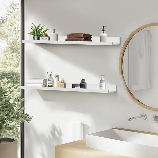 Muzilife 55" Large Floating Wall Ledge Shelves with Lip - Set of 2 Wood Floating Shelves - White Wall Mounted Picture Ledge for Office, Bathroom, Bedroom, Living Room, Kitche
