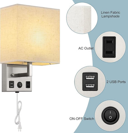 Black Wall Sconces Set of Two, Bedside Wall Lights for Bedroom, Plug in Wall Sconce with USB Ports and Outlets, Modern Wall Lamp for Mirror Kitchen Living Room Hallway, E26 Base (LED Bulbs Included)