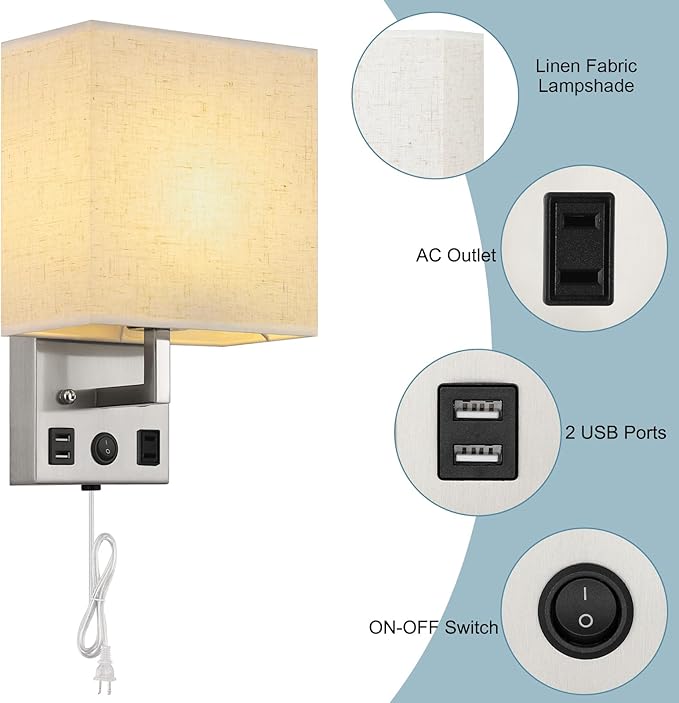 Black Wall Sconces Set of Two, Bedside Wall Lights for Bedroom, Plug in Wall Sconce with USB Ports and Outlets, Modern Wall Lamp for Mirror Kitchen Living Room Hallway, E26 Base (LED Bulbs Included)