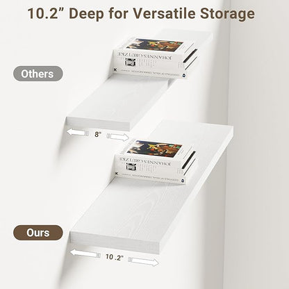Vivelove 10 in Deep Floating Shelves for Wall, 30" x 10.2" x 1.5" Shelves for Room Wall Mounted, 1.5 Inch Thick Shelf for Bathroom Bedroom Kitchen Book Room, Modern Farmhouse Decor, Set of 2, White