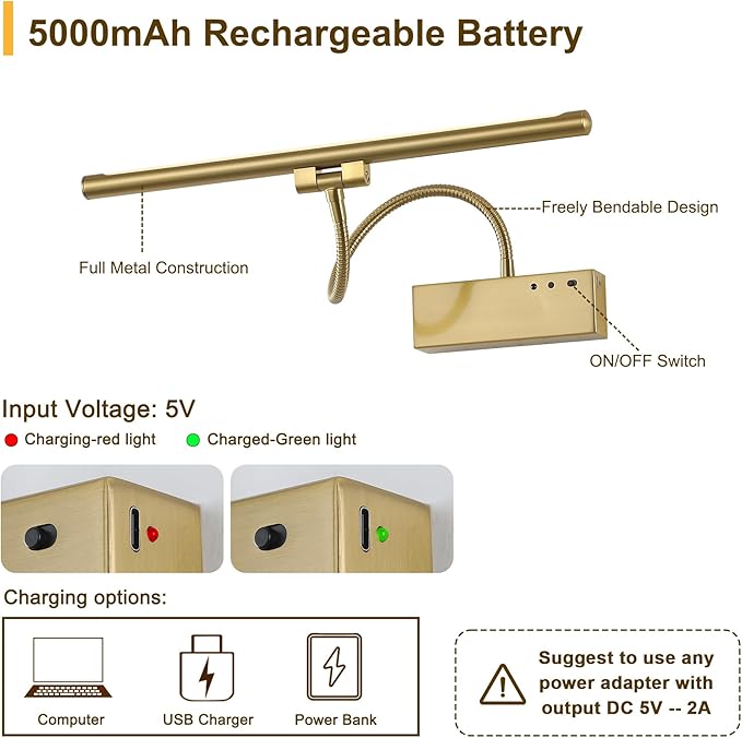 JOOSENLUX Rechargeable Picture Light with Remote Control - 3 Color Temperatures, Timer, Flexible Neck for Artwork & Piano Lighting, 5000mAh Battery, Brass Finish 2700K CRI95+