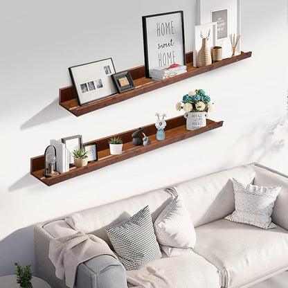 Muzilife 45.3" Large Floating Wall Ledge Shelves with Lip - Set of 2 Rustic Wood Floating Shelves - Honey Brown Wall Mounted Picture Ledge for Office, Bathroom, Bedroom, Living Room, Kitchen