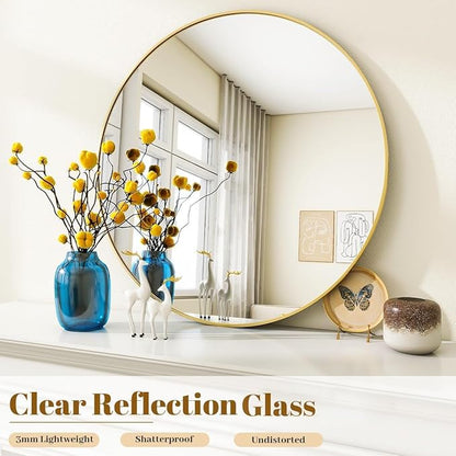 VooBang Large Gold Round Bathroom Mirror, 48 inch Circle Wall Mounted Hanging Mirror with Simple Modern Circular Metal Frame for Hallway, Entryway, Living Room, Gold Frame