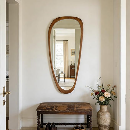 Ruomeng Full Length Irregular Wall Mirror, 48 x 22 Inch Wooden Mirror, Boho Large Decorative Asymmetrical Mirror for Bathroom, Living Room, Bedroom, Entryway, Farmhouse, Tempered Glass, Shatterproof