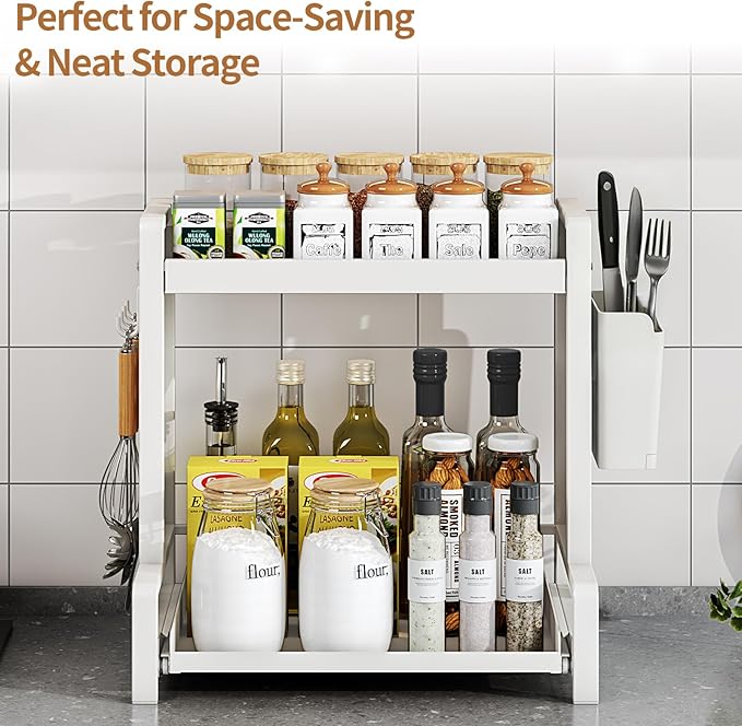 Spice Rack 2 Tier Metal Standing Kitchen Seasoning Storage Shelf with Hanging Basket Pull Out Countertop Organizer for Counter, Cabinet, Pantry, Bathroom, Bedroom (White)