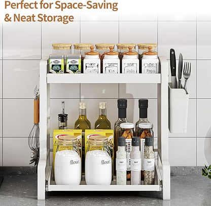 Spice Rack 2 Tier Metal Standing Kitchen Seasoning Storage Shelf with Hanging Basket Pull Out Countertop Organizer for Counter, Cabinet, Pantry, Bathroom, Bedroom (White)