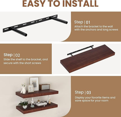 Fun Memories 9 Inch Deep Floating Shelves, Rustic Solid Wood Floating Shelf 30 Inch Long, 30 x 9 Wide Bathroom Shelves for Storage & Display, Red Brown