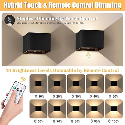 Motion Sensor Wall Sconces Indoor Set of 4, 6000mAh Wireless Rechargeable Battery Operated LED Wall Sconce Up & Down with Touch & Remote Control, Battery Powered Magnetic Wall Lamps with 3CCT, Black