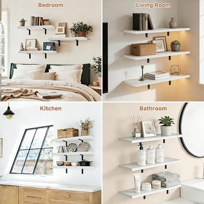 LifetimeWarranty Wall Shelves With Brackets, NOT Floating Easy Install 15.7Inch Solid Wood Shelf 3PCS, Modern Storage Display Shelves for Books Plants Frames, Ledge Shelf for Bathroom Bedroom Kitchen