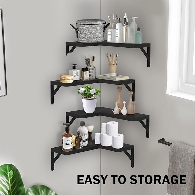 Muzilife Corner Floating Shelves Wooden Floating Shelve Set of 4, Wall Mounted for Storage, L-Shaped Shelves for Wall Decor Organizer for Bedroom, Bathroom, Kitchen, Living Room and Office, Black
