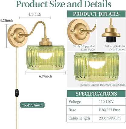 Vintage Plug in Wall Sconces Dimmable Wall Sconces of Two,Wall Lamps with Plug in Cord & Flower Glass Lampshade,Gold Sconces Wall Decor Set of 2 Plug in Wall Lights Sconces for Bedroom