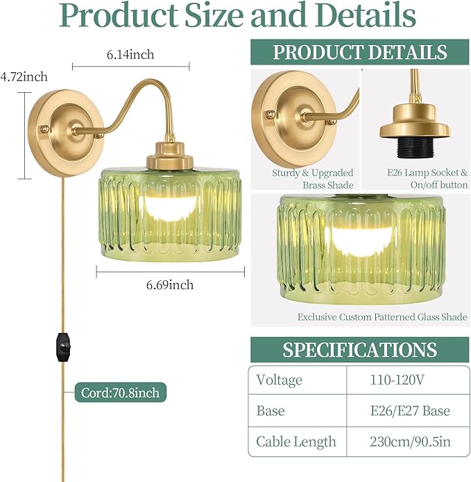 Vintage Plug in Wall Sconces Dimmable Wall Sconces of Two,Wall Lamps with Plug in Cord & Flower Glass Lampshade,Gold Sconces Wall Decor Set of 2 Plug in Wall Lights Sconces for Bedroom