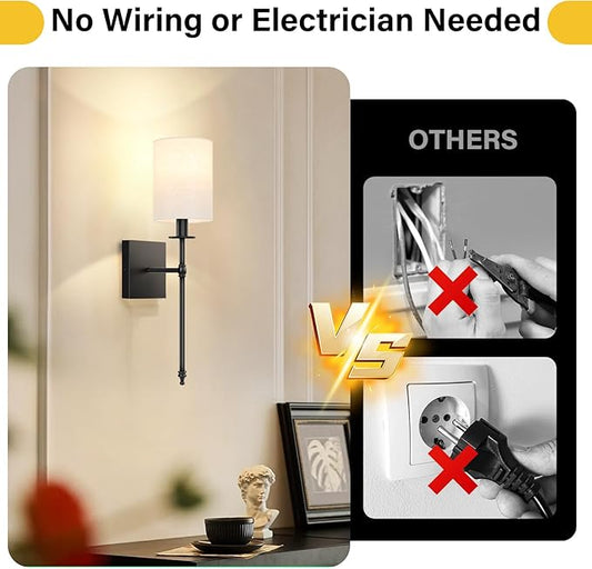 19.9 inch Battery Operated Wall Sconces Set of 2 with Remote, Rechargeable Wireless Wall Lights with Beige Fabric Shade, Indoor Not Hardwired Dimmable for Bedroom Living Room Decor