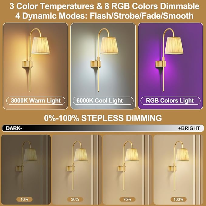 Vintage Battery Operated Wall Sconces Set of 2, Gold Rechargeable Wireless Wall Lamp Lights with Fabric Lampshade & LED Remote Bulb,Dimmable Flower Wall Sconce for Bedroom Living Room Hallway