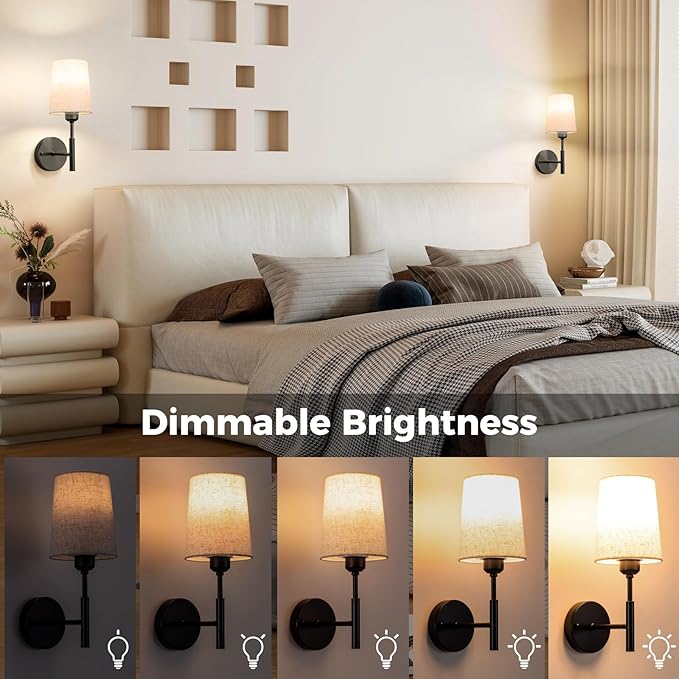 Wall Sconces Battery Operated, Battery Operated Wall Sconce with 13000mAh Magnetic Bulbs and Remotes, Rechargeable Wall Sconce Set of 2, Wireless Black Wall Lamp/Lights for Bedroom, Linen