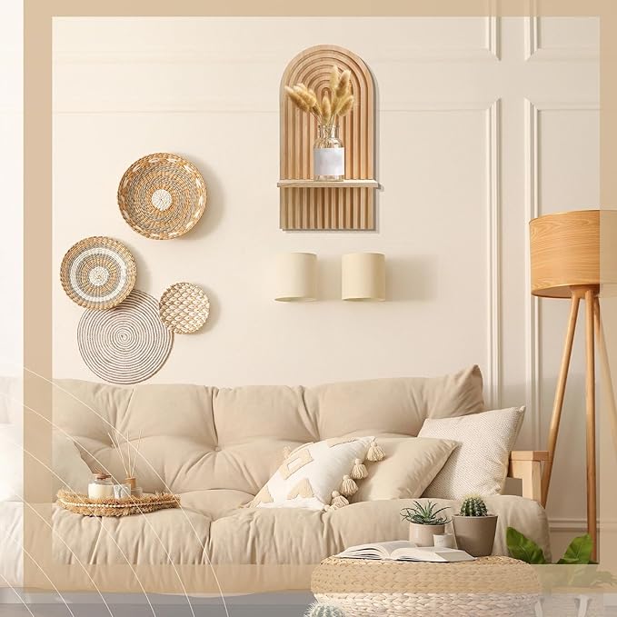 Tatuo 2 Pieces Boho Wall Shelf Decor Floating Arched Shelves for Wall Small Wooden Hanging Holder for Living Room Bathroom Bedroom Office Nursery Decoration
