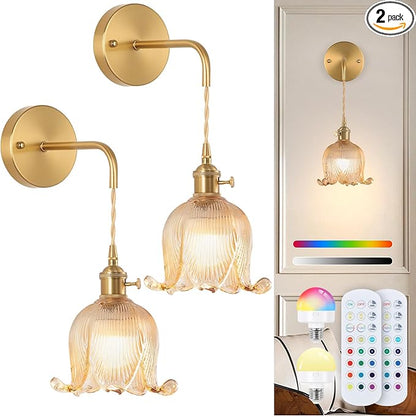 Battery Operated Wall Sconce Set of 2,Adjustable Chain Retro Gold Wall Mounted Light RGB with Remote,Wireless Rechargeable Dimmable Indoor Wall Lamp for Living Room Bedroom