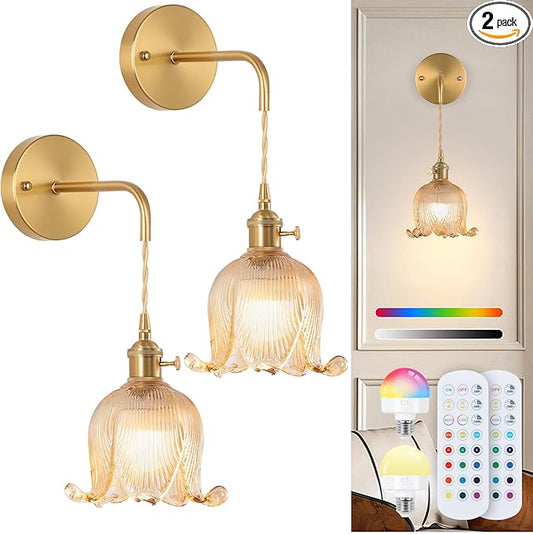Battery Operated Wall Sconce Set of 2,Adjustable Chain Retro Gold Wall Mounted Light RGB with Remote,Wireless Rechargeable Dimmable Indoor Wall Lamp for Living Room Bedroom