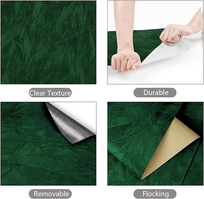 YENHOME Velvet Wallpaper Green Wallpaper for Bedroom 17.7"X393" Dark Green Wall Paper Stick and Peel Vintage Self Adhesive Velvet Flocking Liner Felt Contact Paper for Cabinets and Drawers Classroom