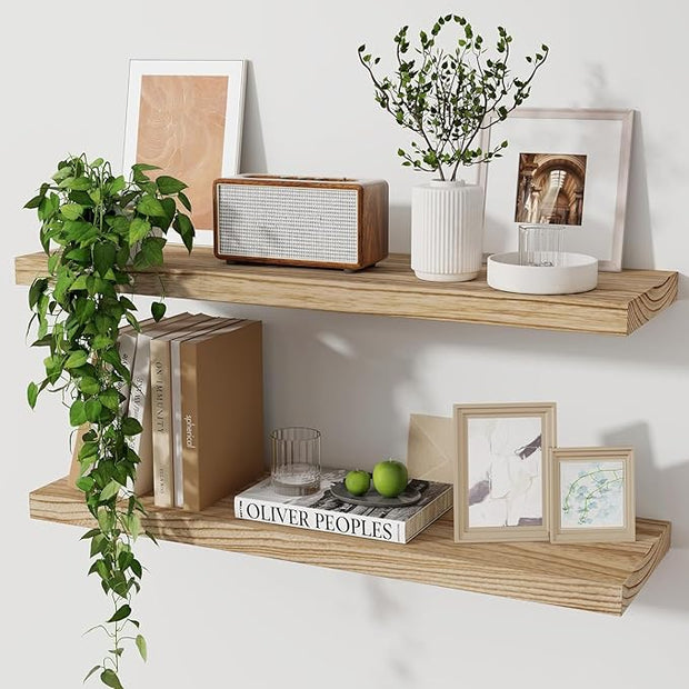 Marsmiles Wood Floating Shelves for Wall Set of 2, 24 Inch Wide Rustic Wooden Floating Shelves, Invisible Wall Mounted Display for Living Room Bedroom Kitchen Bathroom Office, Carbonized Black
