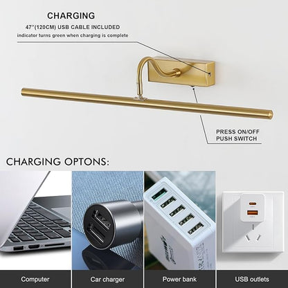 Wireless Picture Lights for Wall Rechargeable, Battery Operated Art Light for Paintings, 3CCT Dimmable 24inch Brass Finish with Remote, 10000mAh Rotatable Gallery Light for Pictures Display
