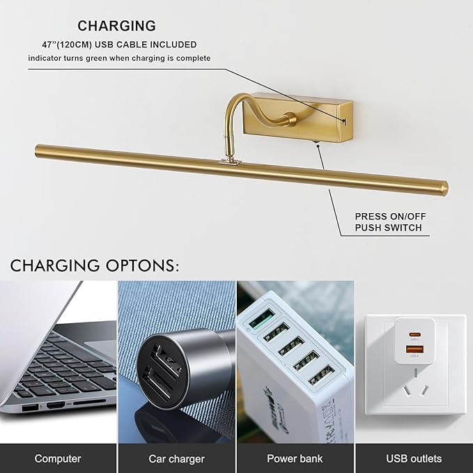 Wireless Picture Lights for Wall Rechargeable, Battery Operated Art Light for Paintings, 3CCT Dimmable 24inch Brass Finish with Remote, 10000mAh Rotatable Gallery Light for Pictures Display