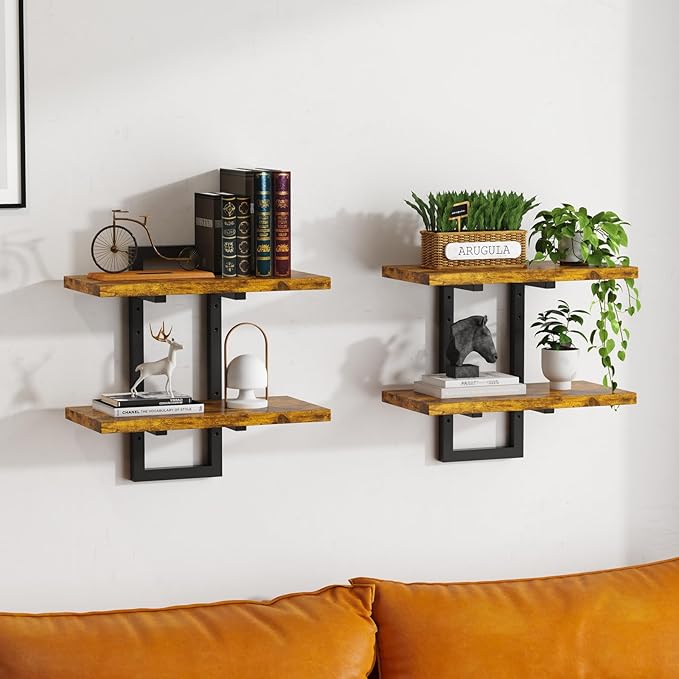 Floating Shelves, Set of 2 Wall Shelves, 2-Tier Wall Mounted Storage Shelves, Adjustable Floor Height, Hanging Bathroom Shelves, for Living Room, Bedroom, Bathroom, Kitchen, Rustic Brown and Black