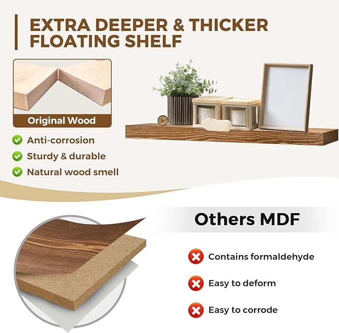 36x8x1.6 inch Floating Shelves Set of 2 – Solid Wood Rustic Brown Wall Mounted Shelf for Kitchen, Bathroom, Living Room