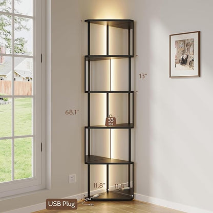 Industrial Corner Shelf with LED Lights & Mirror-Effect Panels, 6-Tier Modern Corner Bookshelf with Remote Control Color-Changing Lights, Space-Saving Display Unit for Bedroom & Living Room