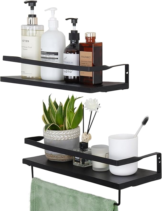 Elevon Floating Shelves for Bathroom Organizer Over Toilet, Bathroom Shelves Wall Mounted with Towel Rack, Corner Wall Shelf for Bedroom Decor Kitchen Storage (Black, Set of 2)
