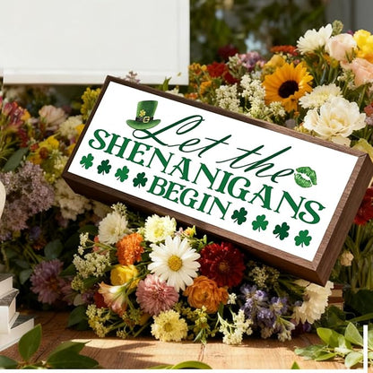 St. Patrick's Day Wooden Table Sign, Let the Shenanigans Begin Sign, Desk Decor Art, Lucky Shamrock Signs for Home Bar Club, St. Patrick's Day Party Decorations, 9.5x3.1x1 inches