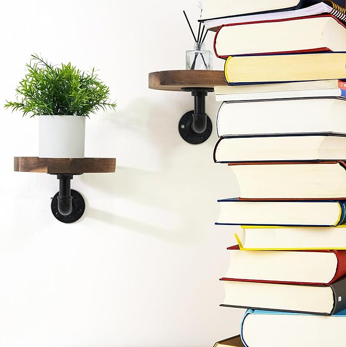 Round Wooden Floating Shelves Wall Mounted (Set of 2). Made of Acacia Wood. Industrial Pipe Brackets. A Unique Rustic Pedestal for Plants and Ornaments. Diameter 7.1 inches.