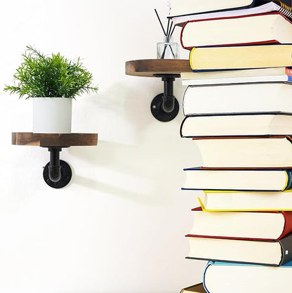 Round Wooden Floating Shelves Wall Mounted (Set of 2). Made of Acacia Wood. Industrial Pipe Brackets. A Unique Rustic Pedestal for Plants and Ornaments. Diameter 7.1 inches.