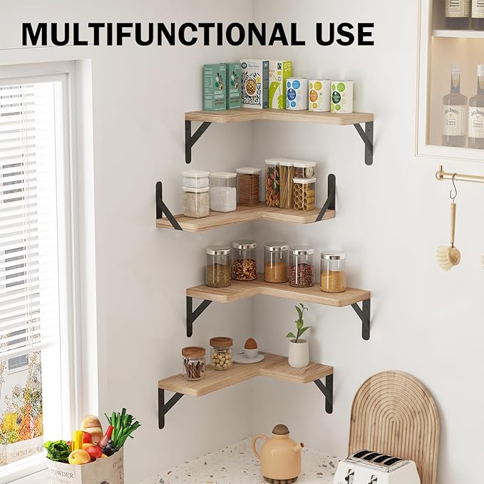Muzilife Corner Floating Shelves Wooden Floating Shelves Set of 4, Wall Mounted for Storage, L-Shaped Wall Decor Organizer for Bedroom, Bathroom, Kitchen, Living Room and Office, Natural Wood