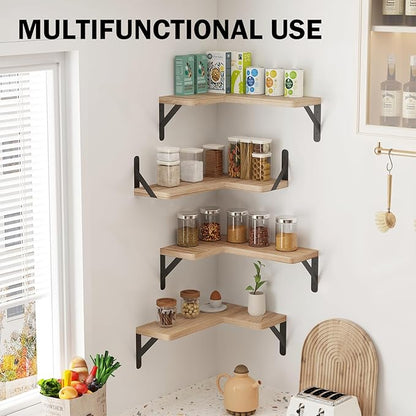 Muzilife Corner Floating Shelves Wooden Floating Shelves Set of 4, Wall Mounted for Storage, L-Shaped Wall Decor Organizer for Bedroom, Bathroom, Kitchen, Living Room and Office, Natural Wood