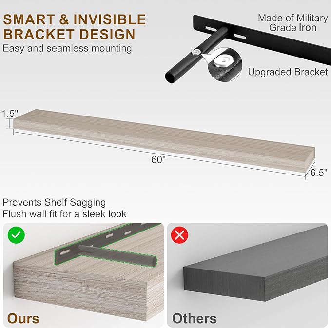 Fun Memories 60 Inch Fireplace Mantel - Long Floating Shelf, Wall Mounted Farmhouse Display with Invisible Heavy Duty Metal Bracket, Grey, 2 Pack