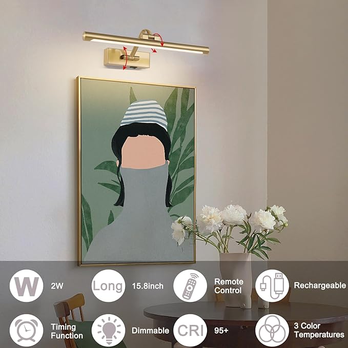 Wireless Picture Lights for Wall Battery Operated Brass Art Light for Paintings with Remote 3CCT Dimmable Potrait Lighting Rotatable Display Lighting 16