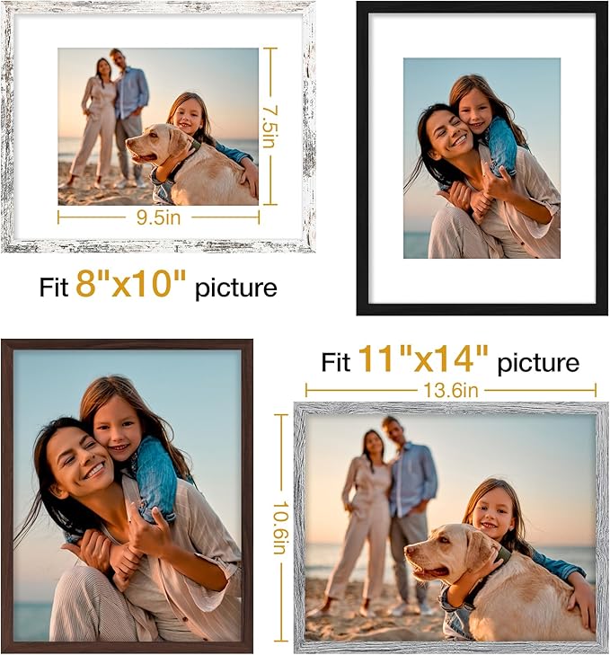 Vittanly 11x14 Picture Frame Set of 4, Display Pictures 8x10 with Mat or 11x14 without Mat, Engineered Wood with Shatter Resistant Plexiglass, Photo Frames for Wall or Tabletop Display, Mixed Colors