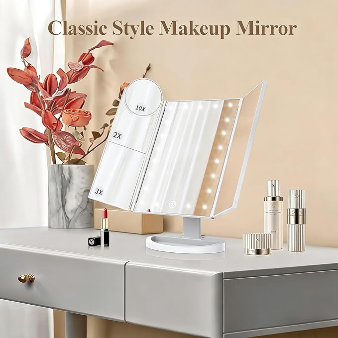HUONUL Makeup Mirror, Vanity Mirror with Lights, 2X/3X/10X Magnification, Touch Control, Trifold, Dual Power Supply, Gifts Mothers Day for Mom,Gifts for Women, Wife, Girls,Dorm Room Essentials