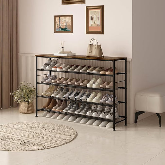 SUOERNUO Shoe Rack 5 Tier Shoe Storage Organizer Metal Mesh Shelves with MDF Top Board for Entryway, Hallway, Closet,Bedroom，Living Room (Black+Rustic Brown, Large 5 Tier)