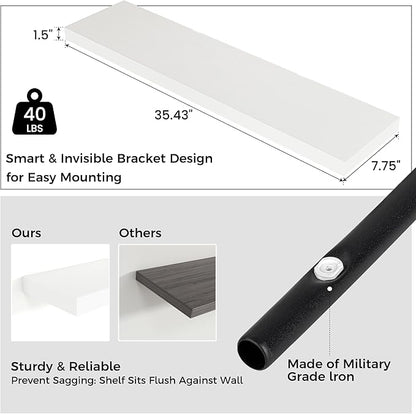 Floating Shelves for Wall 36"W x 7.8"D x 1.5"H, Engineered Wood Wall Shelves with Invisible Brackets for Living Room Bedroom Bathroom Office Kitchen Decor and Storage, White Finish, Set of 2