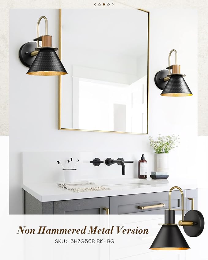 Black and Gold Wall Sconces, HWH Industrial Sconces Wall Lighting Indoor Vanity Barn Light Fixture, Black Wall Lamp for Bathroom Bedside Bedroom Kitchen, Hammered Metal Shade, 5HZG74B-L BK+BG