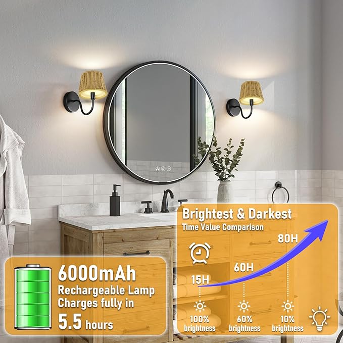 Battery Operated Wall Sconce Set of 2, Rechargeable Wireless Sconces with Dimmable Detachable Magnetic Bulbs and Remote, 3 Colors Wall Lights for Bedroom Living Room Hallway Fireplace
