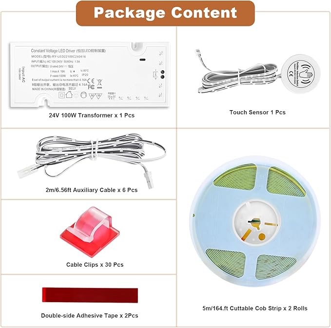 Under Cabinet Led Light Strip kit,2 Roll x 16.4ft Cuttable 6500K COB,Diffused Power with 8 JST & 2 Hardwired Outlets,Touch Sensor for Gun Safe Case,Book Shelf,Floating Shelf,Slat Wall Panel