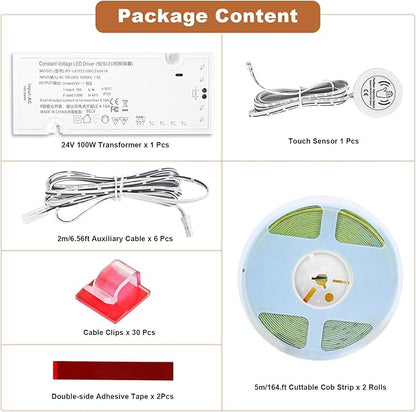 Under Cabinet Led Light Strip kit,2 Roll x 16.4ft Cuttable 6500K COB,Diffused Power with 8 JST & 2 Hardwired Outlets,Touch Sensor for Gun Safe Case,Book Shelf,Floating Shelf,Slat Wall Panel