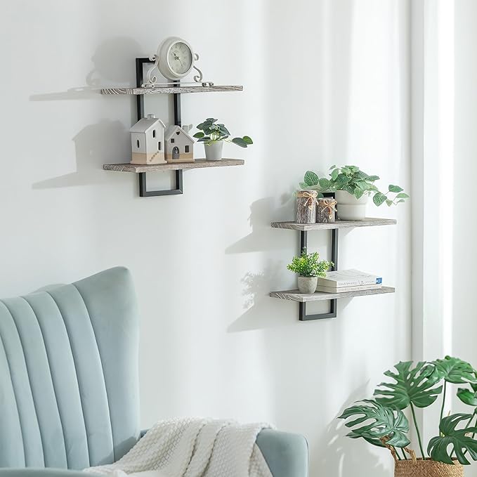 Rustic Wood Floating Shelves - Farmhouse Wooden Wall Shelves Organizer with Sturdy Metal Frame for Living Room Bedroom