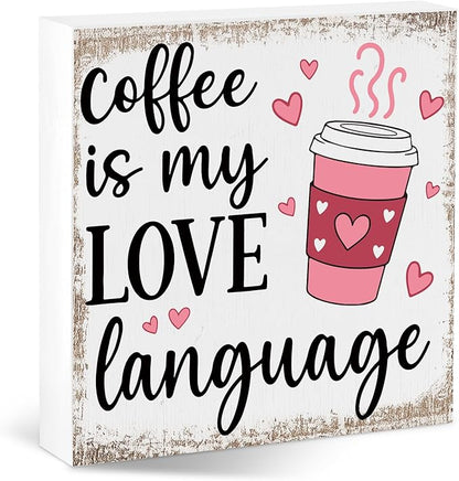 Coffee Bar Decor Sign, Coffee Station Decorations, Coffee Lover Gifts for Women Men, Home Kitchen Shop Corner Shelf Cafecito Table Signs, Love Language