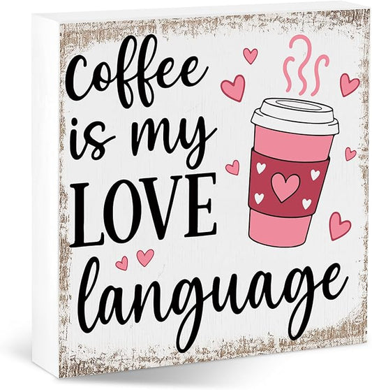 Coffee Bar Decor Sign, Coffee Station Decorations, Coffee Lover Gifts for Women Men, Home Kitchen Shop Corner Shelf Cafecito Table Signs, Love Language
