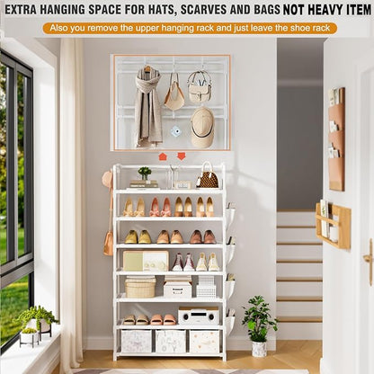 Shoe Rack 7 Tier Shoe Organizer Storage 21-28 Pairs Closet Shoes Rack for Front Door Entrance Shoe Rack Organizer with Hooks Side Pocket Entryway Large Capacity Shoe Shelf Tower Garage